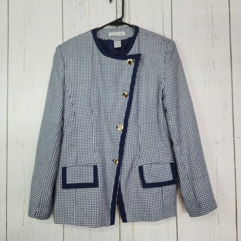 Halston Heritage Vintage‎ Blue & White Houndstooth Blazer Jacket Size 8